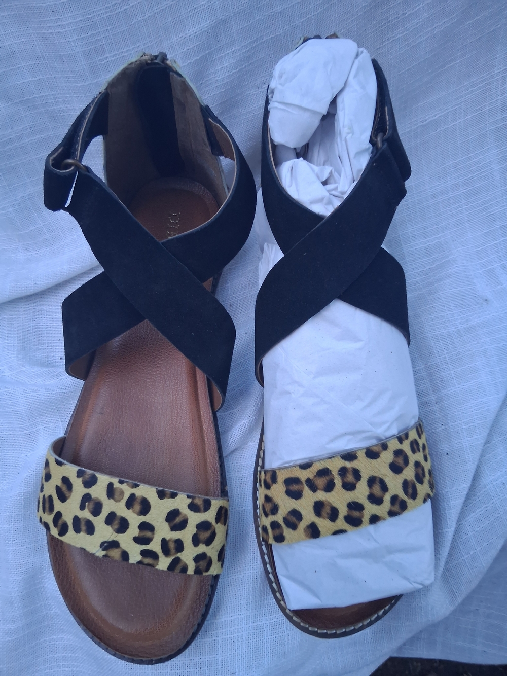 Diba True Black Cross-Strap Sandals with Leopard Toe Band